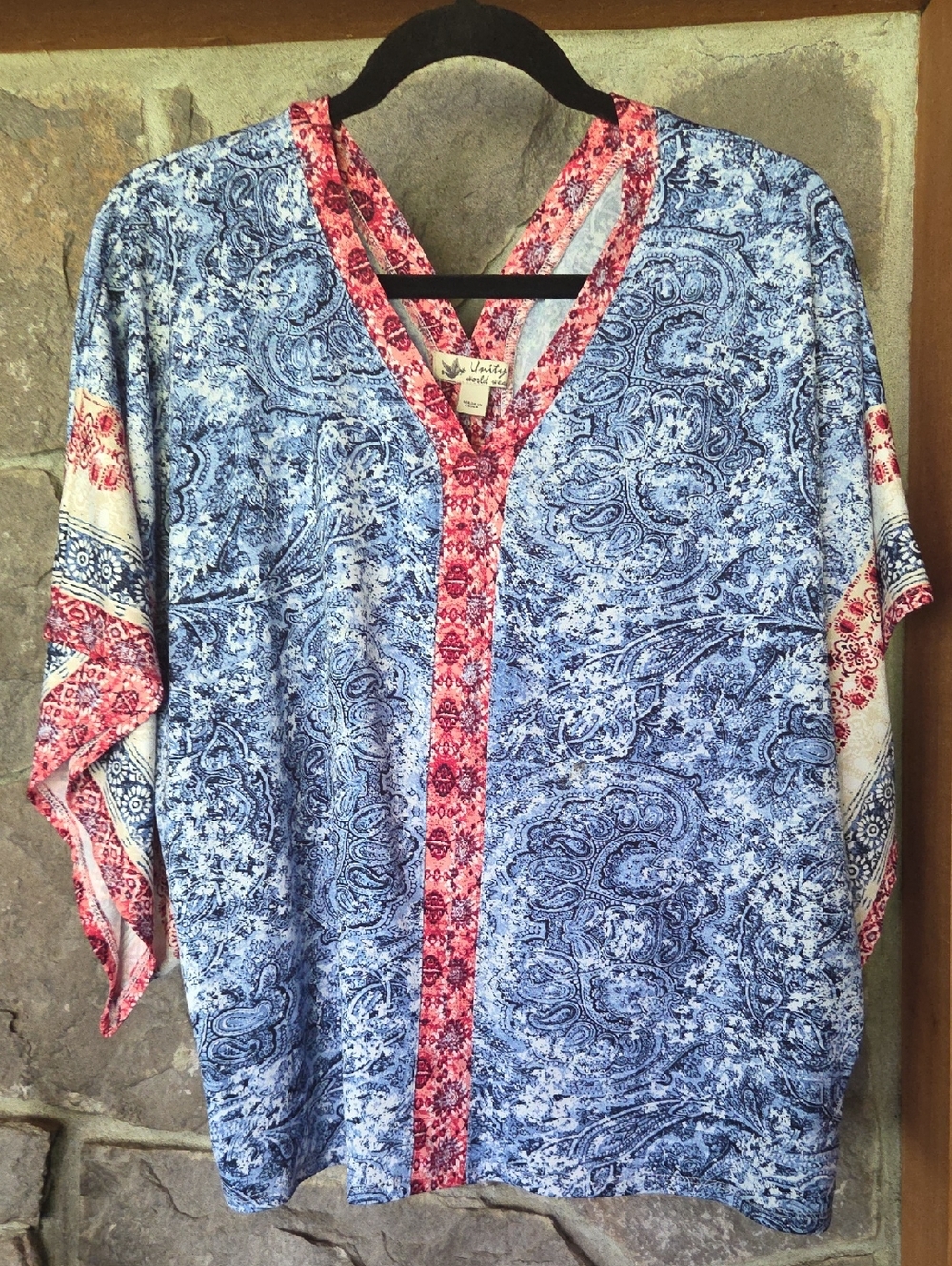 Unity World Wear Blue Paisley V-Neck Tunic with Red Trim